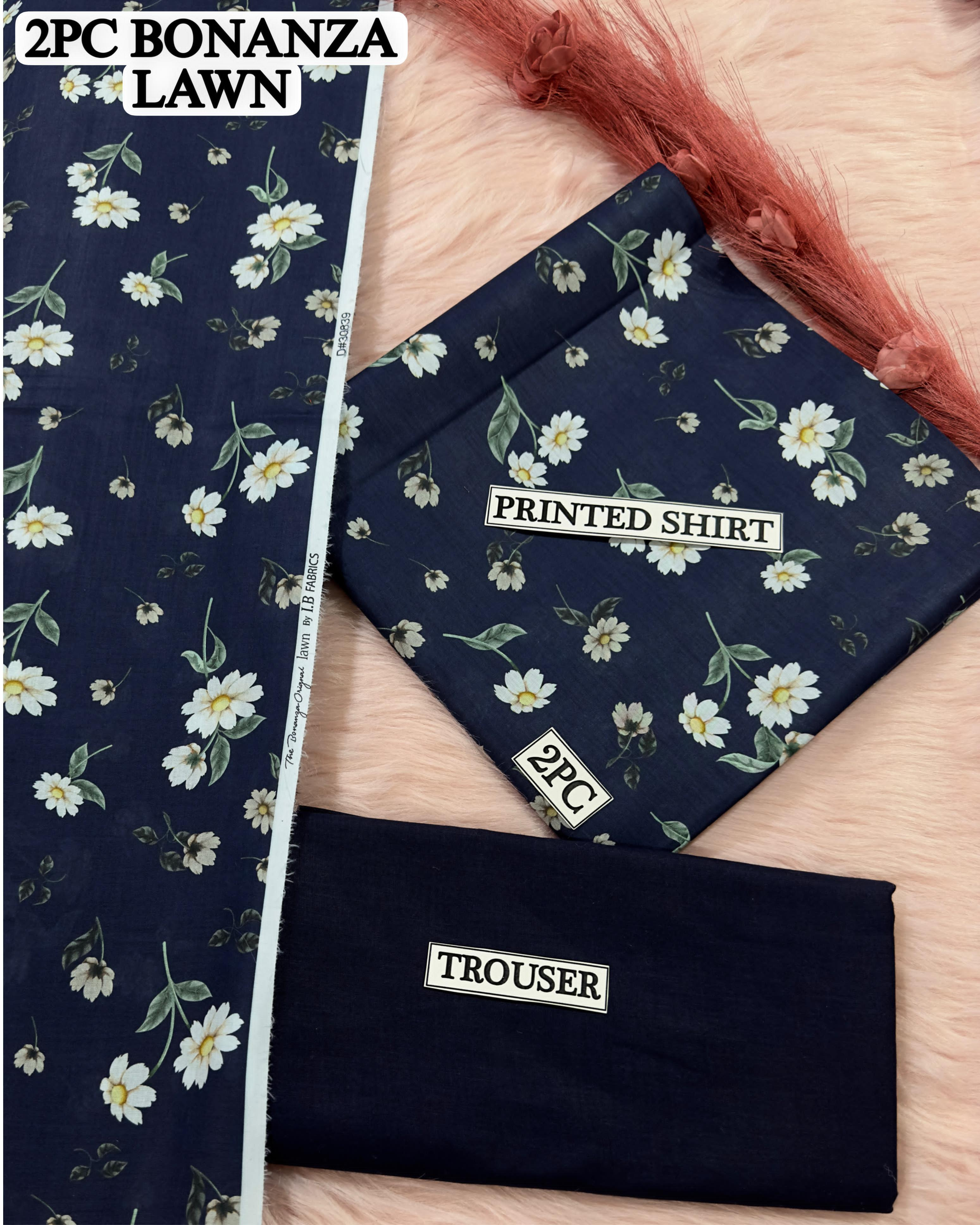 Premium BONANZA Lawn Suit 2Piece Unstitched Navy Blue Fabric with White & Light Green Floral Print for Women