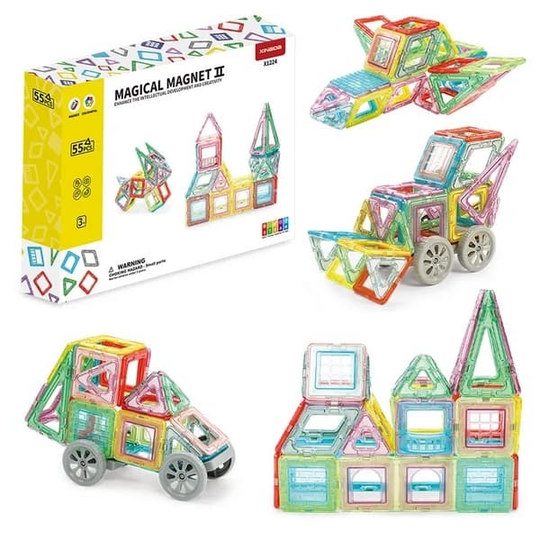 Magical Magnet II 55-Piece STEM Magnetic Building Blocks Set for Kids Ages 3+ – Educational Creative Construction Toy with Translucent Tiles