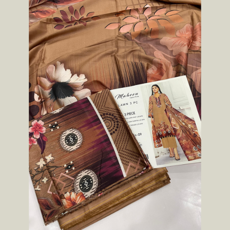 Brown Shade Digital Printed Lawn 3pc Suit – Maheen Prints Summer Collection with Cambric Trouser & Printed Dupatta