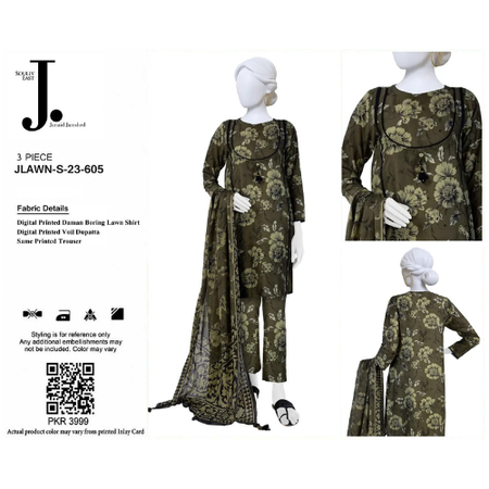 3PC Junaid Jamshed Lawn Set with Embroidery & Print