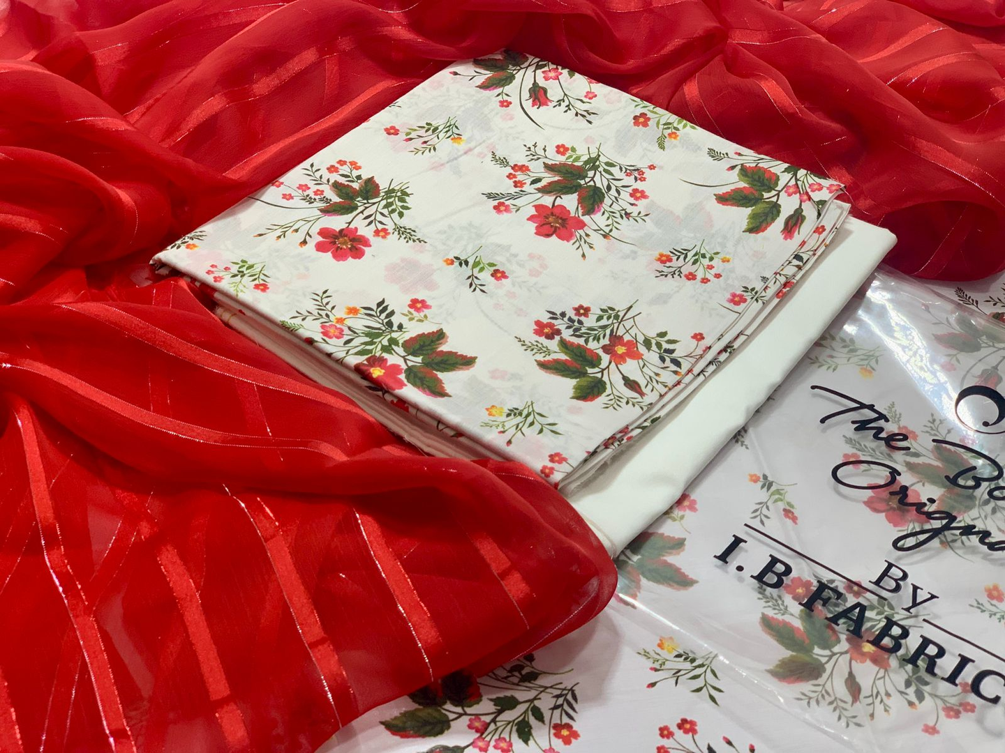 Fresh White Floral Printed Suit with Vibrant Red Striped Chiffon Dupatta - I.B. Fabrics Original Design