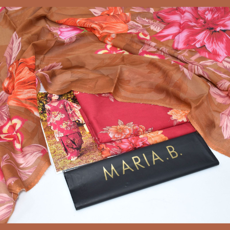 Latest MARIA.B Printed Lawn Dress – 3 Piece Set with Premium Lawn Fabric, Digital Designs, Voil Dupatta and Coordinated Trouser – Perfect for Elegant Summer Look.