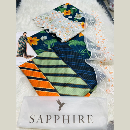 Dark Green and White Sapphire 3pc Unstitched Lawn Suit – Summer Collection Vol.1 with Chickenkari Embroidery, Cut-Work Dupatta, Printed Trouser & Emb Patch