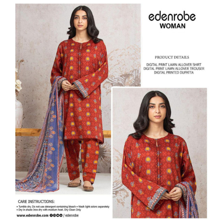 Women's 3PC Lawn Series 90/70 Airjet Lawn 100% Original Digital Printed Shirt, Trouser & Voil Lawn Dupatta EDR-3009 Rust Color