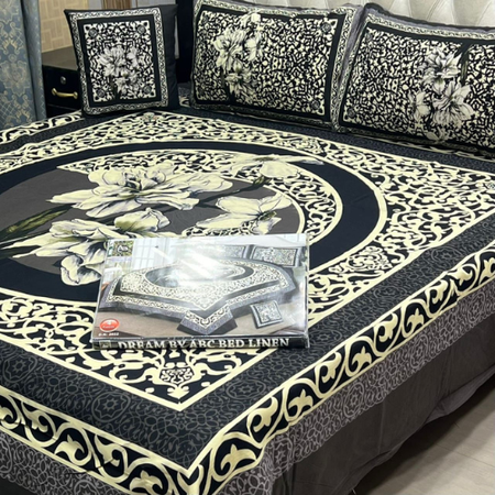 Luxury 3D Panel Crystal Cotton 4PCS Bedsheet Set – King Size with Cushion & Pillow Covers – Wrinkle Resistant & Soft Finish.