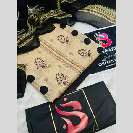 Bin Saeed Lawn 3 Piece Suit – Embroidered Shirt Panel with Chiffon Dupatta