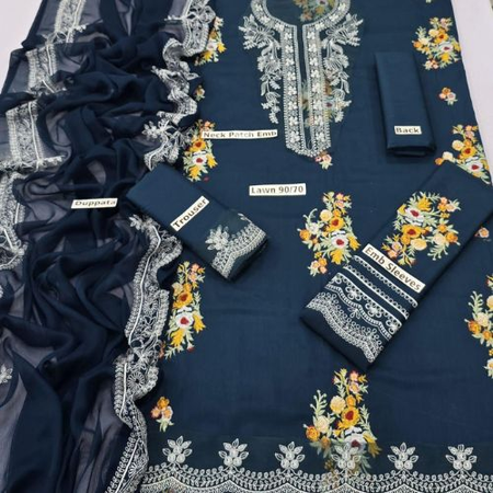 Crimson Lawn Suit – 3-Piece Embroidered Set (Code: BA851) | Neck & Daman Patch + Bamber Chiffon Dupatta