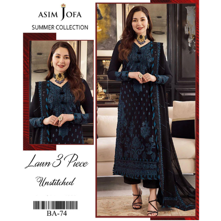 Elegant Embroidered Lawn 3Pc Suit with Voile Dupatta for Summer Wear – Unstitched Premium Fabric by Asim Jofa
