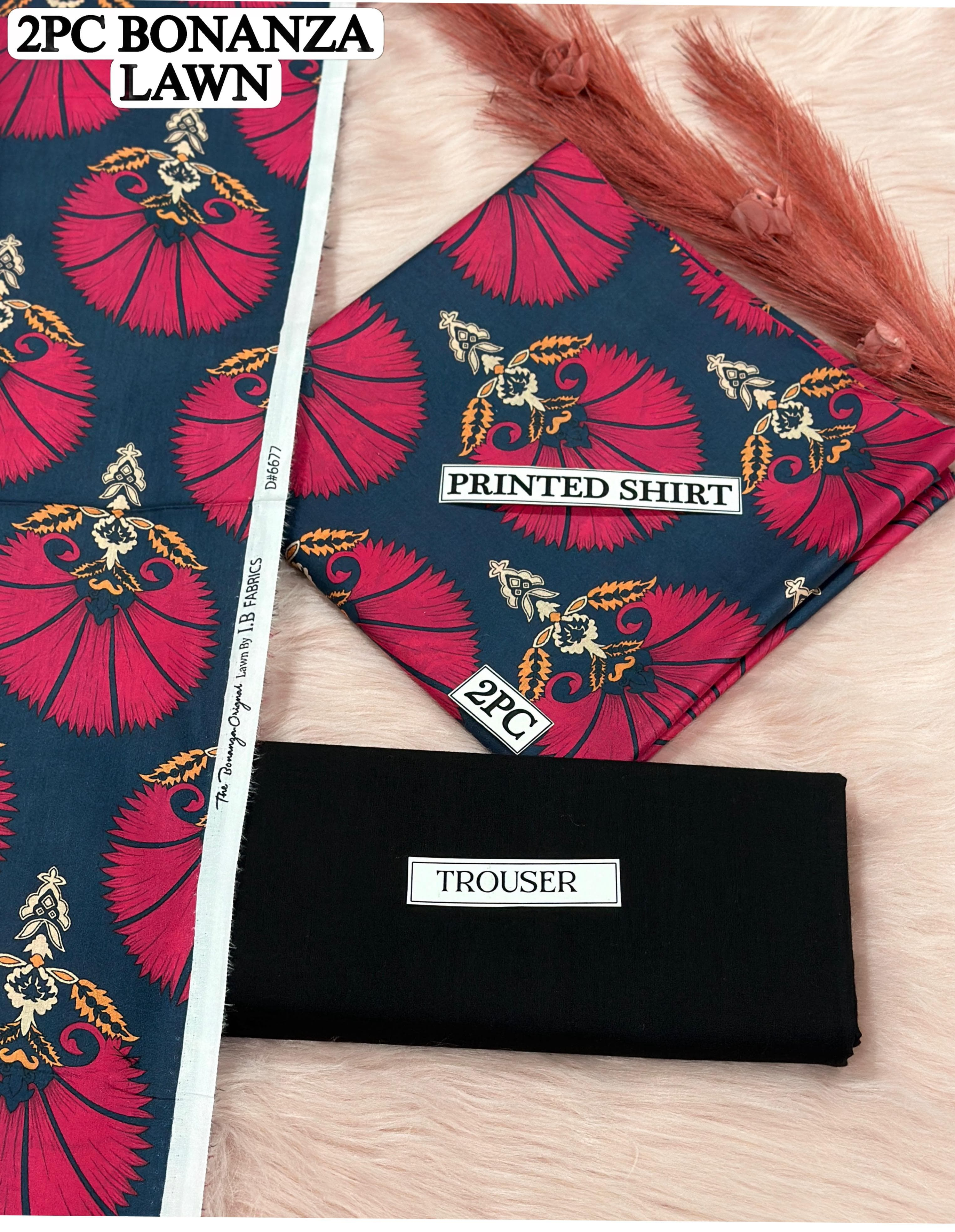 Dark Blue Floral Lawn Suit 2PC Unstitched with Pink Motifs & Gold Accents BONANZA Original 2025