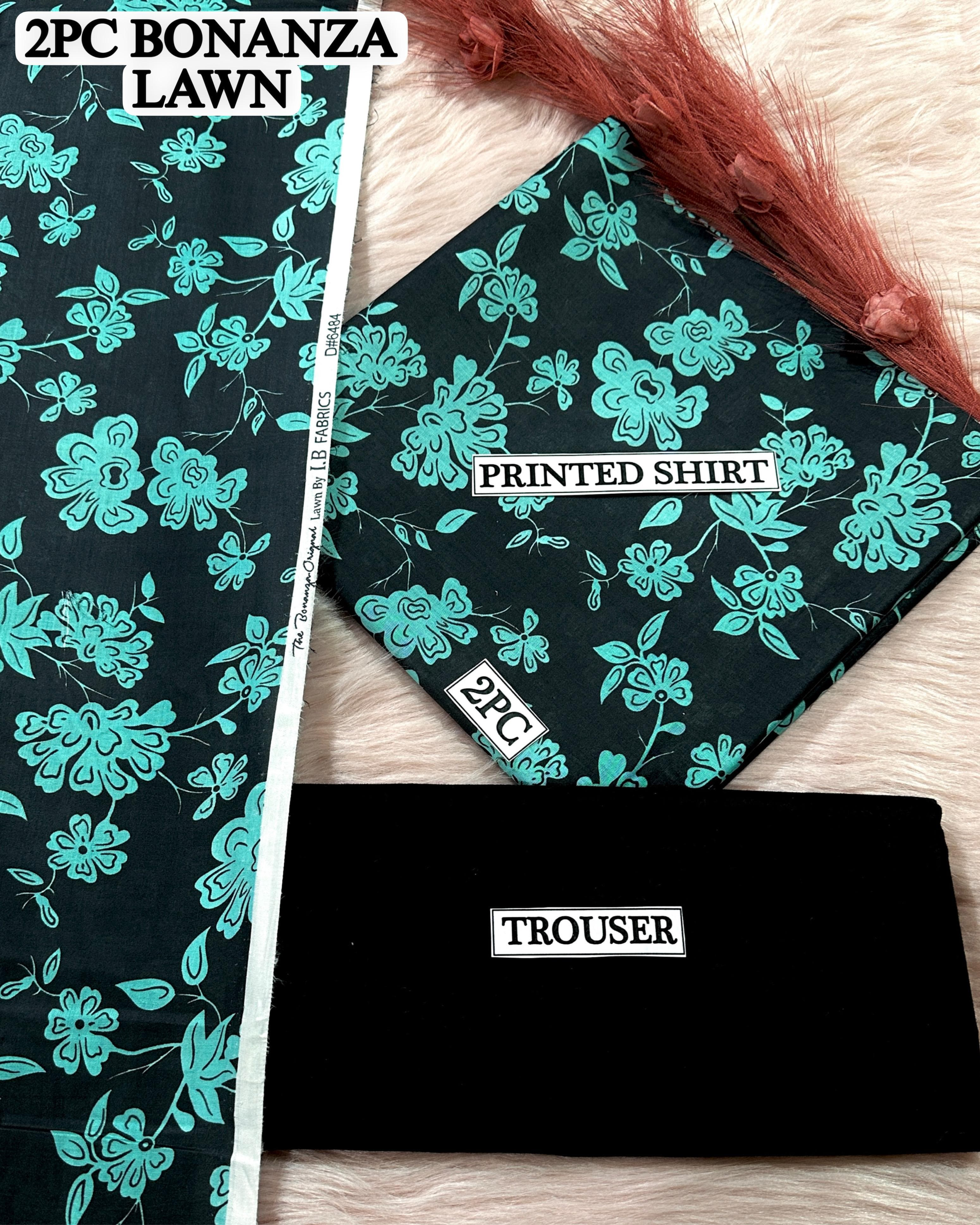 Premium 2PC Unstitched Lawn Suit BONANZA Dark Teal Base with Light Teal Floral Print for Women
