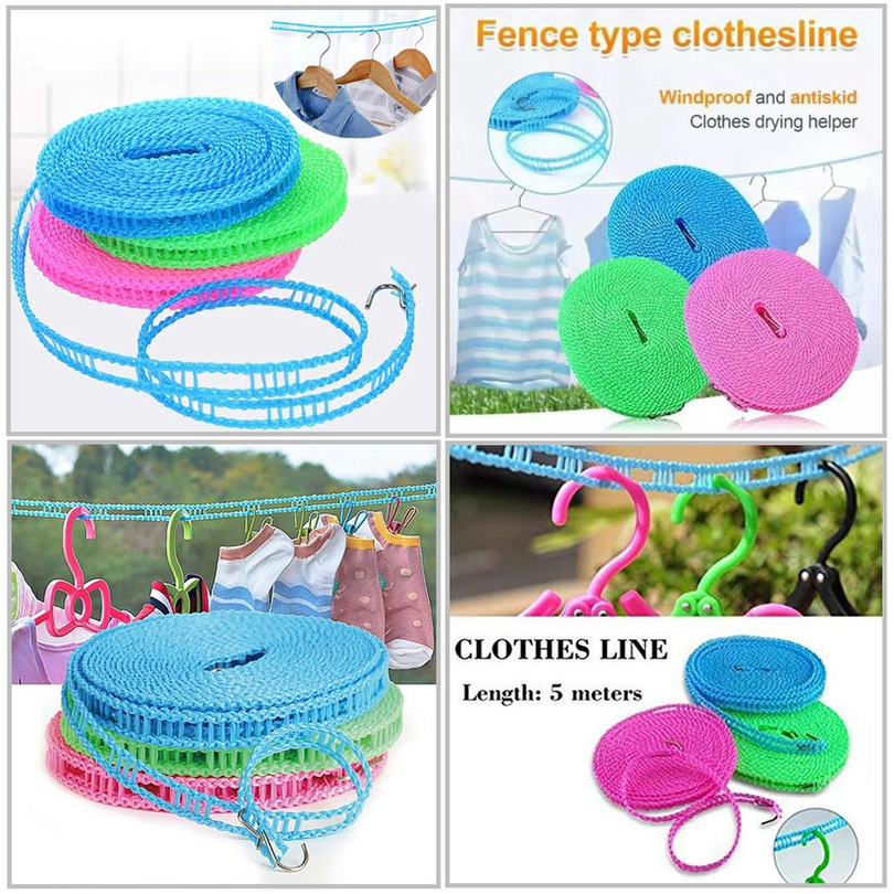 Naylon non-Slip 5-Meter Windproof Clothesline with Hooks - Anti-Slip Portable Washing Line for Indoor & Outdoor Drying