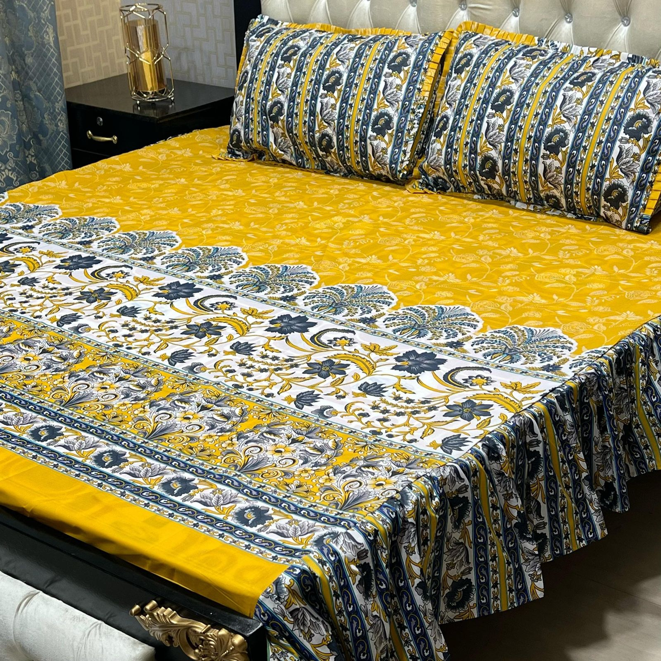 Ethnic King Size Bed Sheet Set - Vibrant Yellow Floral Print with 2-Sided Frill & Pillow Covers (3-Piece Stitched)