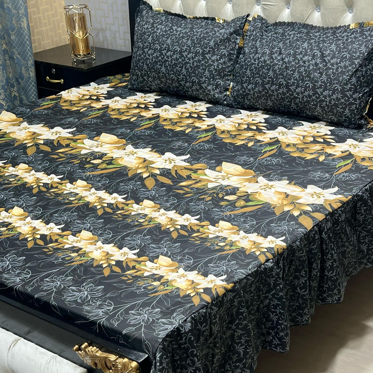Frill King Size Bed Sheet Set - Elegant Floral Print 020 with Matching Pillow Covers