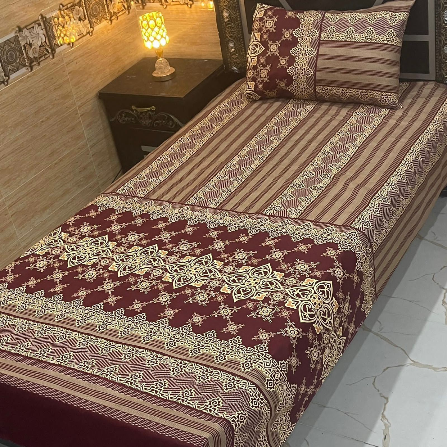 4Pcs Crimson Lattice 3D-Crystal Cotton Single Bed Sheet Set 0043