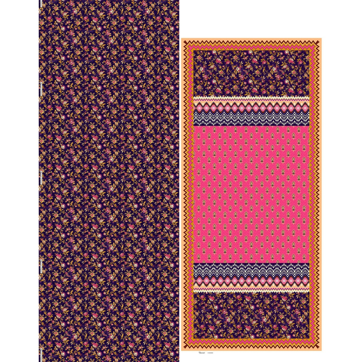 Bareeze Lawn 3-Piece All Over Suit –Nay Blue & Pink Vibrant Floral print Fabric & Ethnic Fusion with Printed voil dupatta Vol #2 - 3004