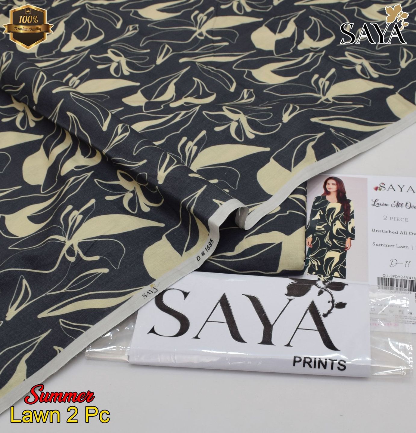 Digital Printed Lawn 2 Piece Suit SAYA All Over Print Grayish Black 100% Pure Lawn 90/70 | Airjet Quality Fabric Vibrant Colors Soft and Fine Summer Wear