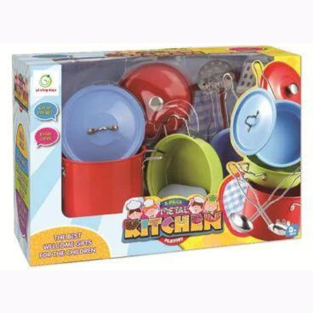 8-Piece Kids Metal Kitchen Playset – Colorful Cookware and Utensil Pretend Play Set