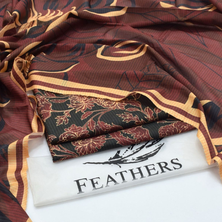 Feathers Lawn Collection 2025 | Digital Printed 3PC Unstitched Suit | Airjet Quality Fabric - Brown