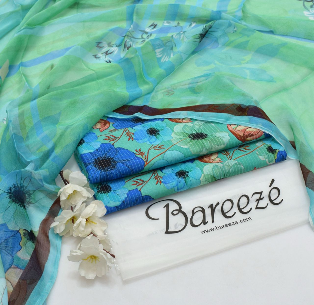 Bareeze Unstitched 3-Piece Suit with Aqua & Blue Floral Print and Matching Dupatta