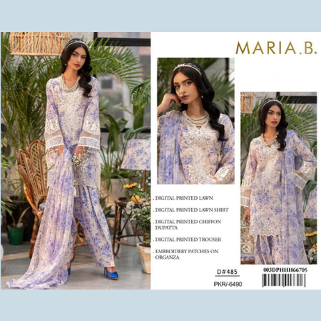 3PC Printed Lawn Suit with Chiffon Dupatta 90/70 Lawn & Embroidered Organza Patches