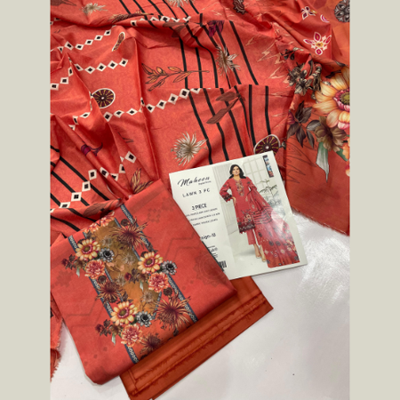 Reddish-Orange Digital Printed Lawn 3pc Unstitched Suit – Maheen Prints Summer Collection with Cambric Dyed Trouser and Lawn Dupatta