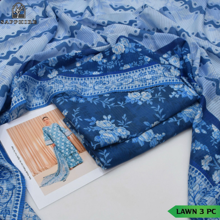 BLUE SAPPHIRE 3-Piece Summer Eid Collection Zari Effect Lawn Suit with Voile Dupatta & Printed Trouser
