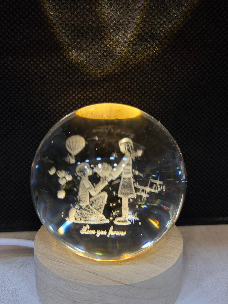 Engraved Crystal Ball with Wooden Base & LED Light Romantic "Love You Forever" Gift or Show Piece