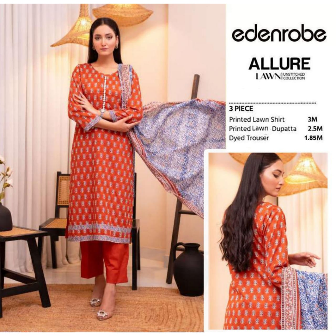 Edenrobe Allure Summer Collection – Vibrant Orange & Blue Floral Print Fabric 3-Piece Suit for Women-1002