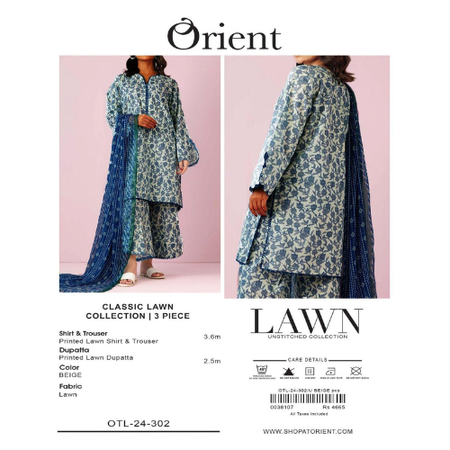 Blue Digital Printed Lawn 3Piece Suit by ORIENT Hit Volume of Summer 2025 Premium Airjet Fabric