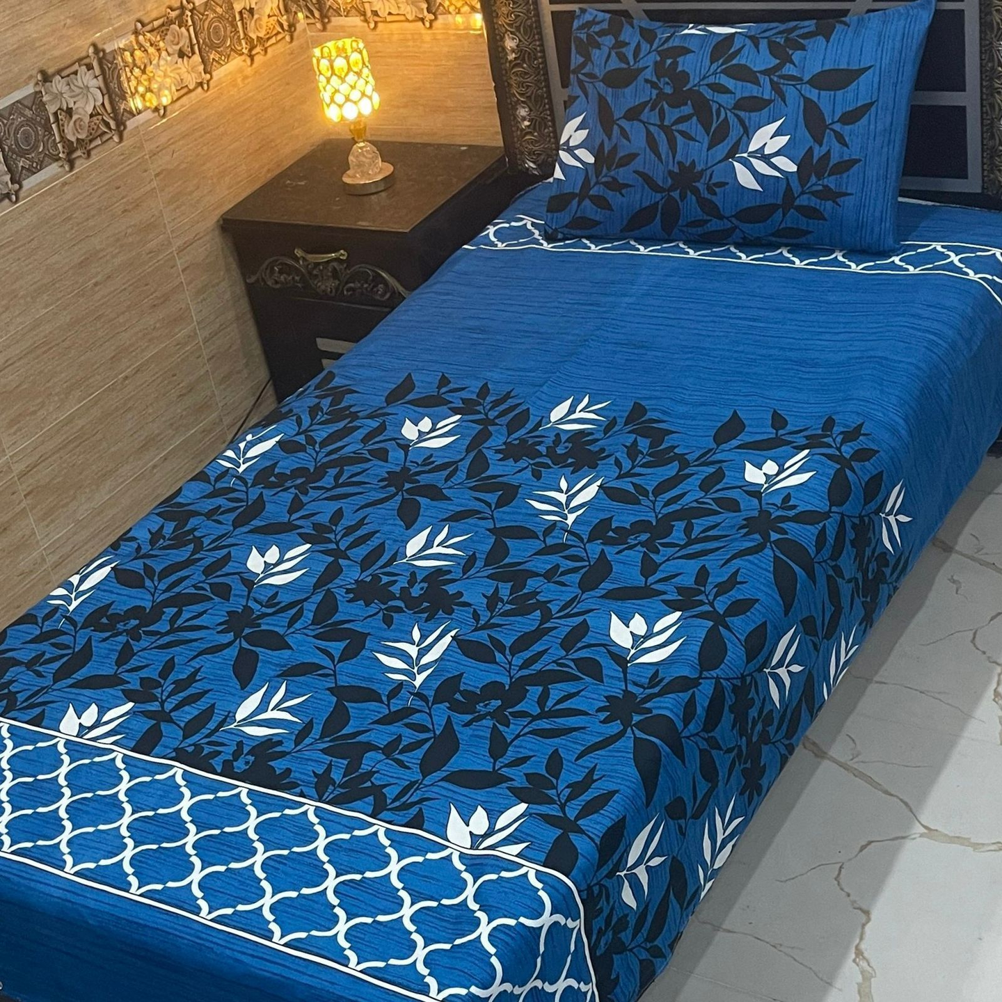 4Pc Crystal Cotton Single Pair Bedsheets – Blue Floral and Geometric Design