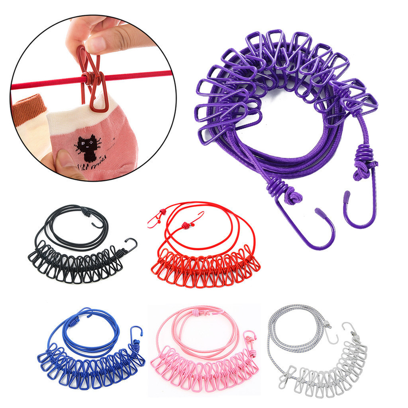 Portable Clothesline with 12 Clips - Travel Clothes Drying Rope - Windproof Elastic Clothesline