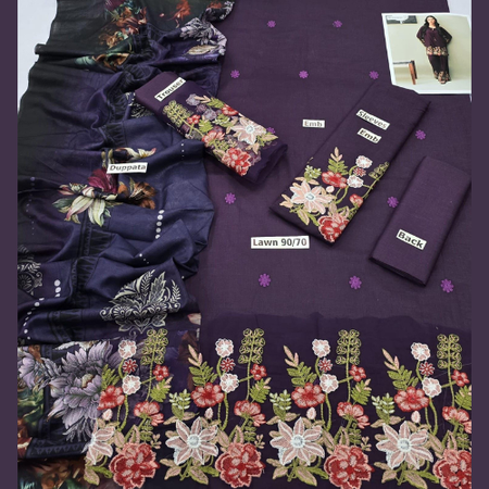 Elegant 3PC Embroidered Lawn Suit with Diamond Digital Dupatta & Trouser Patch – Premium Summer Wear by Mix Brands.