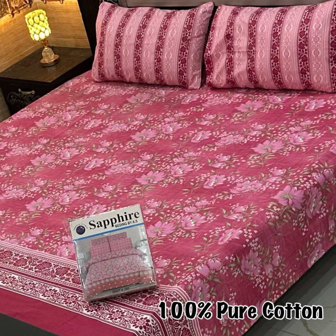 Pink Floral Print Bed Sheet Set – Elegant Flower Design with Intricate Border | 100% Pure Cotton Bedding by Sapphire-024