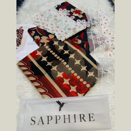 Summer Multi-Color Sapphire 3pc Unstitched Lawn Suit – Vol.1 Summer Collection with Chickenkari Embroidered Shirt, Cut-Work Dupatta, Printed Trouser & Embellished Trouser Patch