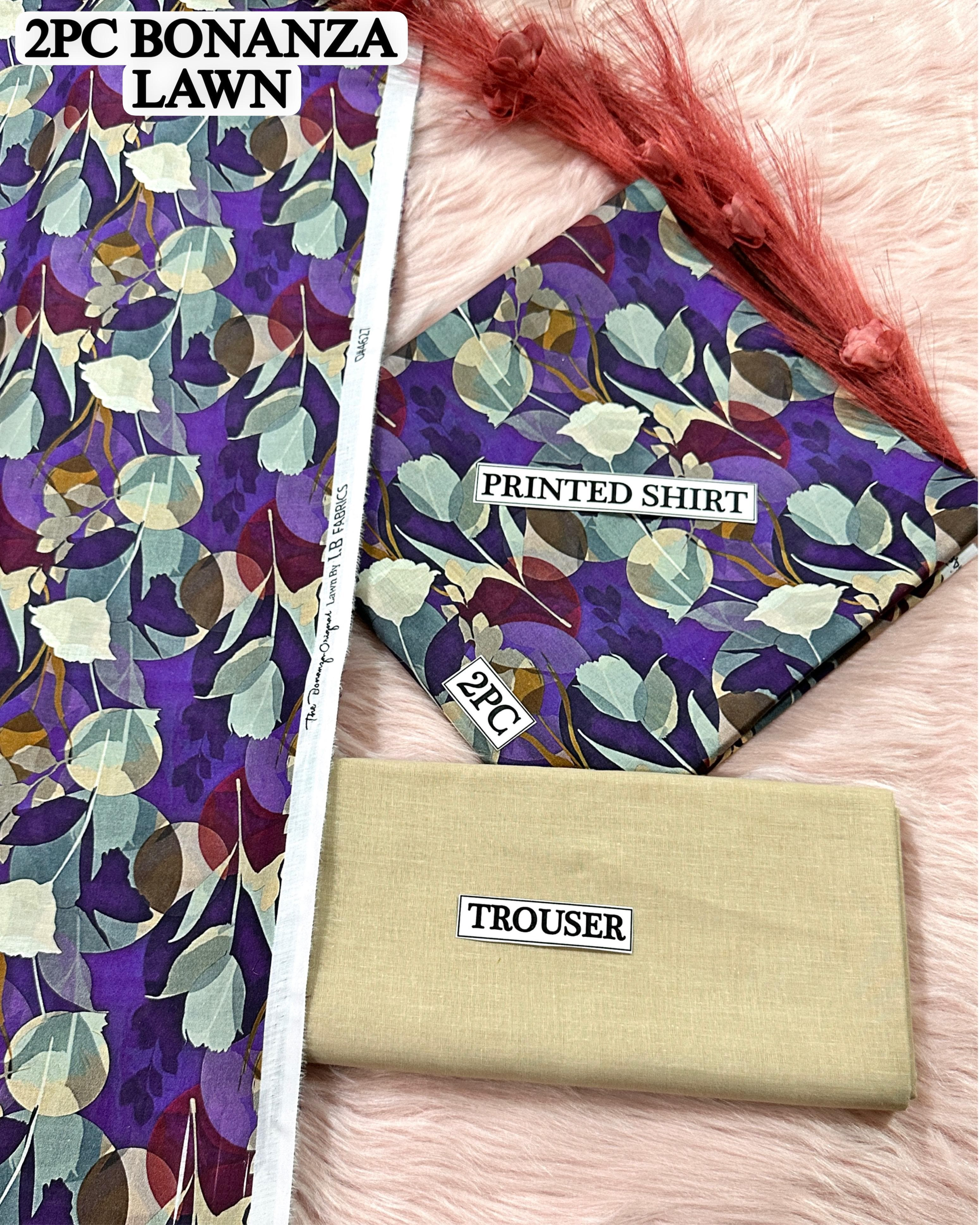 Leaf Pattern Lawn Suit BONANZA 2PC Unstitched Premium Collection in Purple, Teal, White & Brown Shades