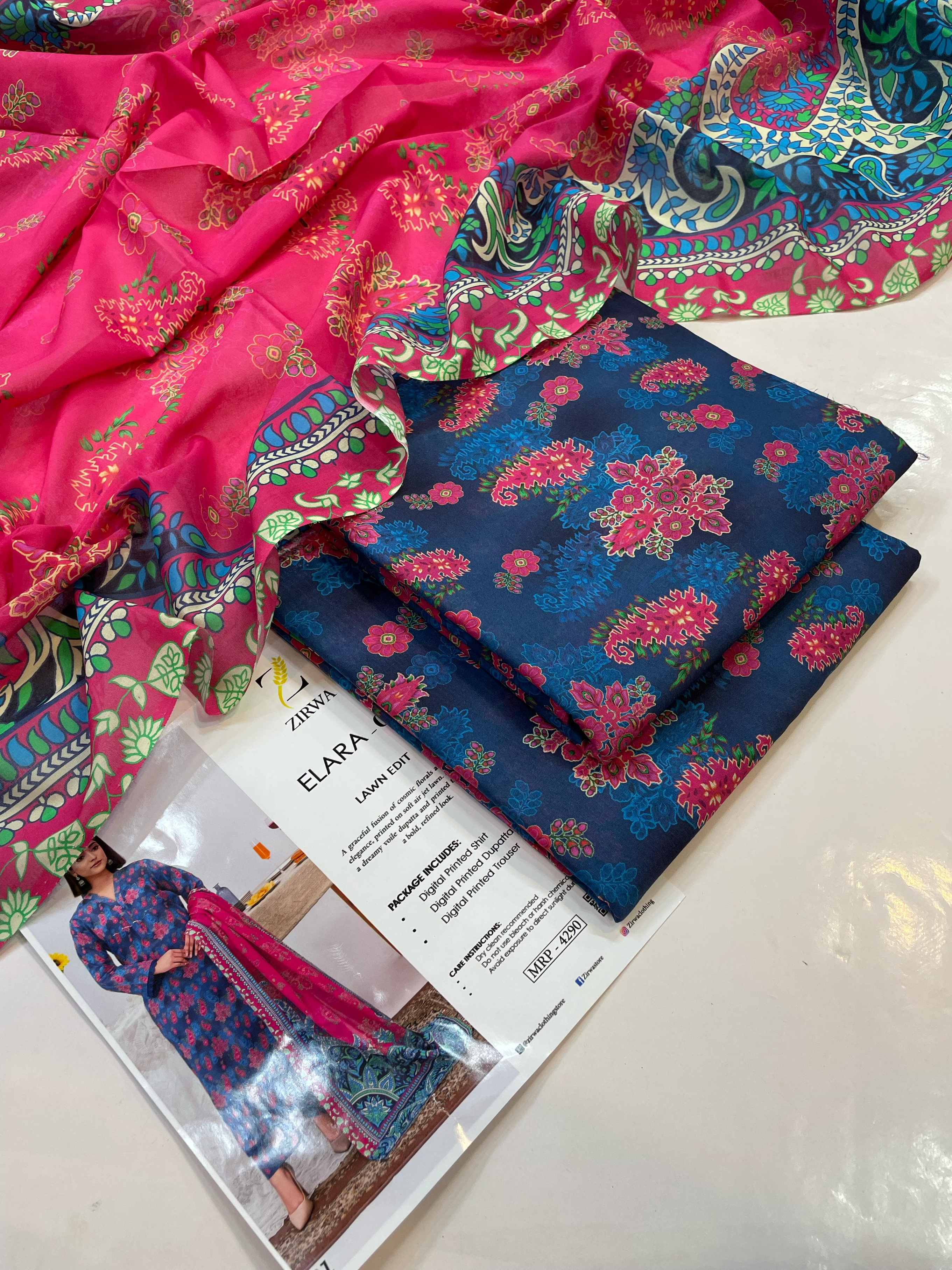 Zirwaa Elara Lawn Edit | 3-Piece Unstitched Digital Printed Lawn Suit | Vibrant Pink & Navy Blue