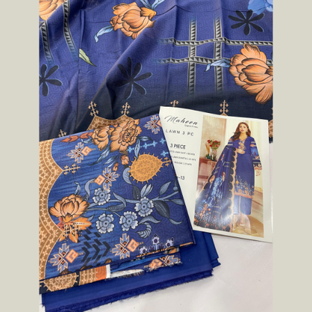 Blue Digital Printed 3pc Lawn Suit – Maheen Prints Summer Collection with Cambric Dyed Trouser, Printed Lawn Dupatta & Designer Bag Packing