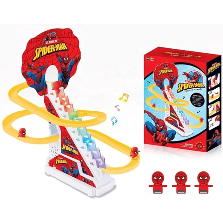 Spiderman Stair Climbing Roller Coaster Toy for Kids with LED Lights, Music & Button Control – Creative, Funny & Safe Ride-On Toy for Toddlers and Babies.
