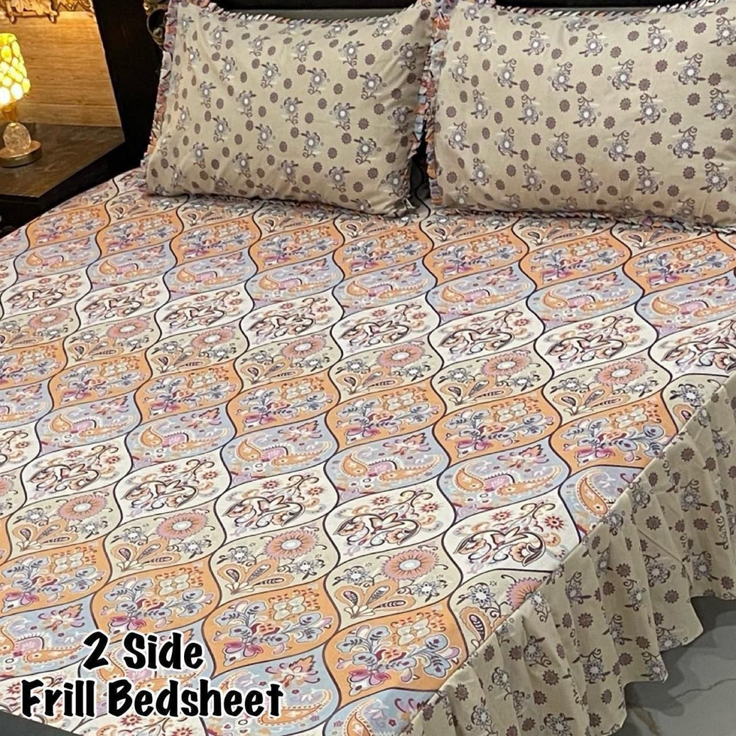 Luxurious 3-Piece King Size Frill Bedsheet Set with 2 Side Ruffle - Soft Cotton Blend with Elegant Floral Design