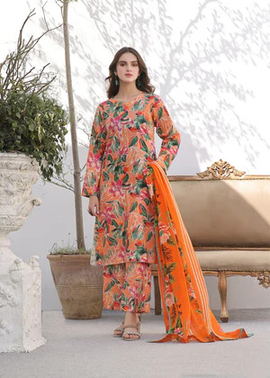 Orange Bana Doria 3Piece Lawn Suit BAROQUE Digital Printed Collection Premium Unstitched Fabric