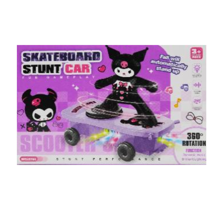 Interactive Kuromi Skateboard Stunt Car for Kids 3+ - Auto Stand-Up, 360° Rotation, Dynamic Music & Dazzling Lights