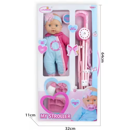 LunaBebe My Stroller Set with 16" Soft Baby Doll and Foldable Stroller – Cuddly Play Companion for Ages 18 Months+