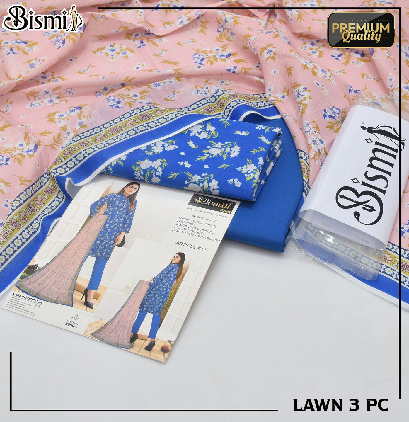 Bismil Premium Blue & Pink Floral Lawn 3-Piece Suit - Cool Summer Comfort