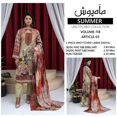 Premium MAHPOSH Lawn Collection – Elegant 3PC Suit with Printed Tube Doria Shirt & Shawl