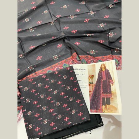 Black Digital Printed Lawn 3pc Unstitched Suit – Maheen Prints Summer Collection with Cambric Dyed Trouser and Lawn Dupatta