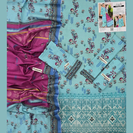 Redefine Summer Fashion with MAHPOSH Vol 2 – 3PC Embroidered Lawn Suit Featuring Artistic Appliqué, Printed Voil Dupatta & 100-100 Fabric.