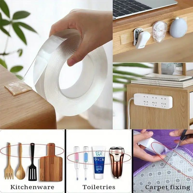 Heavy-Duty Reusable Nano Tape - Transparent Double-Sided Adhesive for Wall Mounting & Carpet Fixing 3 Meter