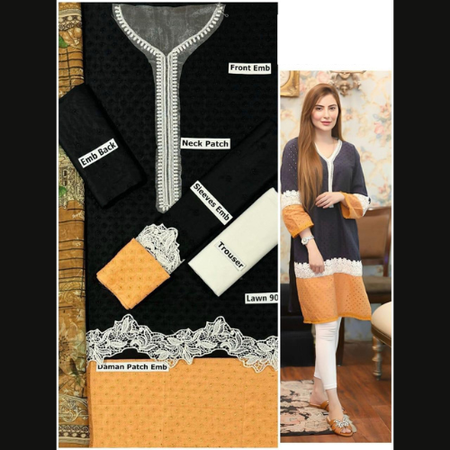 Luxury Embroidered Lawn 3 Piece Unstitched Suit for Women – Voile Dupatta & Dyed Trouser – Summer Collection 2025.