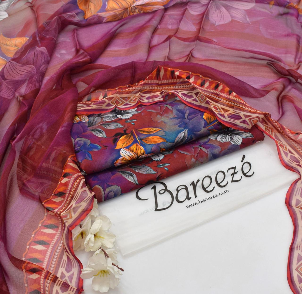 Bareeze Unstitched Printed Lawn/Chiffon 3-Piece Suit with Floral Design