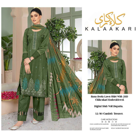 Kalakari Lawn Bana Doria 3-Piece Suit – Embroidered Summer Ensemble with Jacquard Dupatta